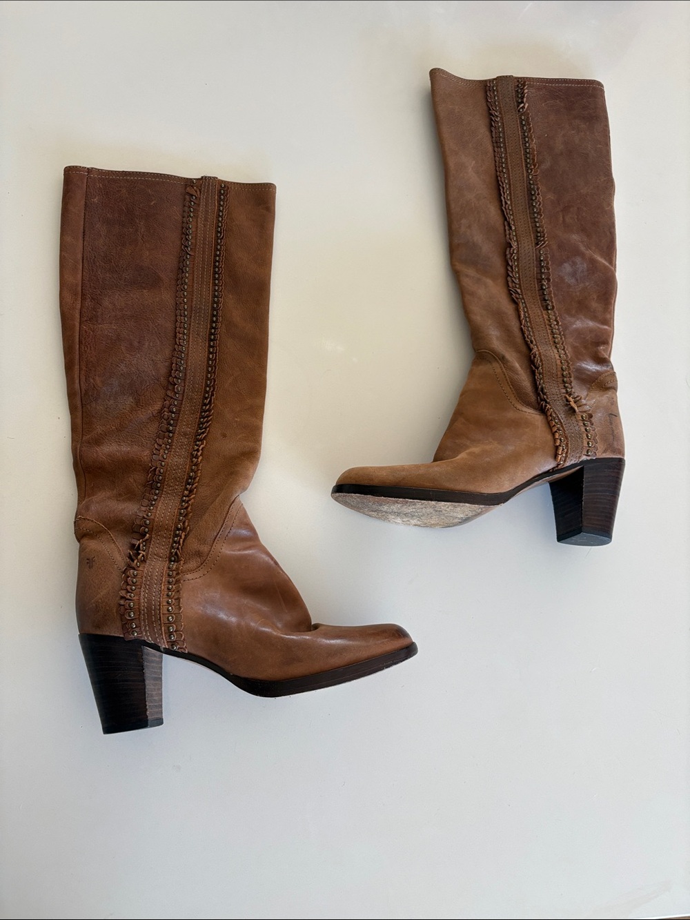 Frye Cognac Brown Scallop Studded Trim Leather Knee High Boots